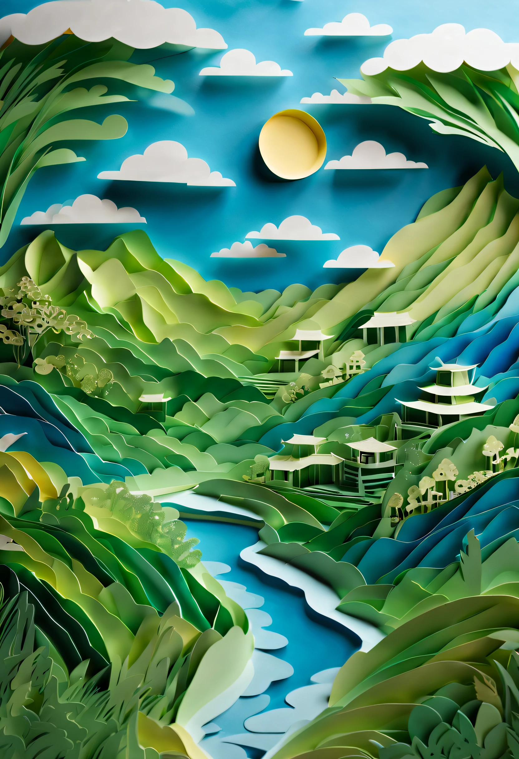 A paper art masterpiece with a stunning landscape of blue skies, white clouds, and lush green mountains and waters. The artwork showcases intricate paper cut-outs of terraced fields, bringing depth and dimension to the scene. The image quality is of the highest standard, with ultra-detailed paper textures and sharp focus. The paper art is skillfully crafted, resulting in a realistic and vivid portrayal. The colors are vibrant, with a harmonious blend of blues, greens, and whites. The lighting enhances the beauty of the scenery, with soft rays of sunlight illuminating the landscape. The artwork reflects the artistry of paper cutting, creating a captivating and awe-inspiring piece.