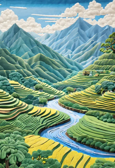 (ultra-detailed,realistic,photorealistic:1.37),cutout paper art,blue sky,white clouds,green mountains,rice terraces,serene lands...