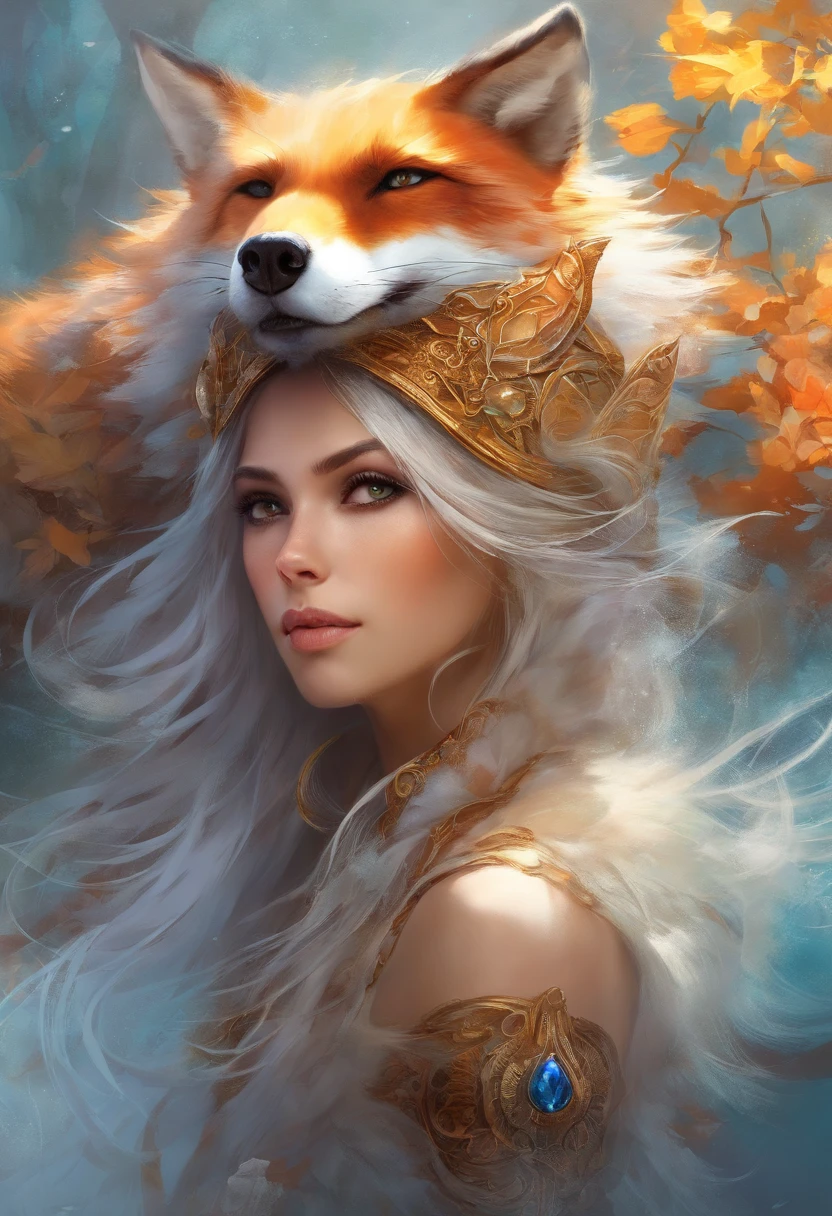 a woman with a fox head and a furry tail, a beautiful fox lady, a ...