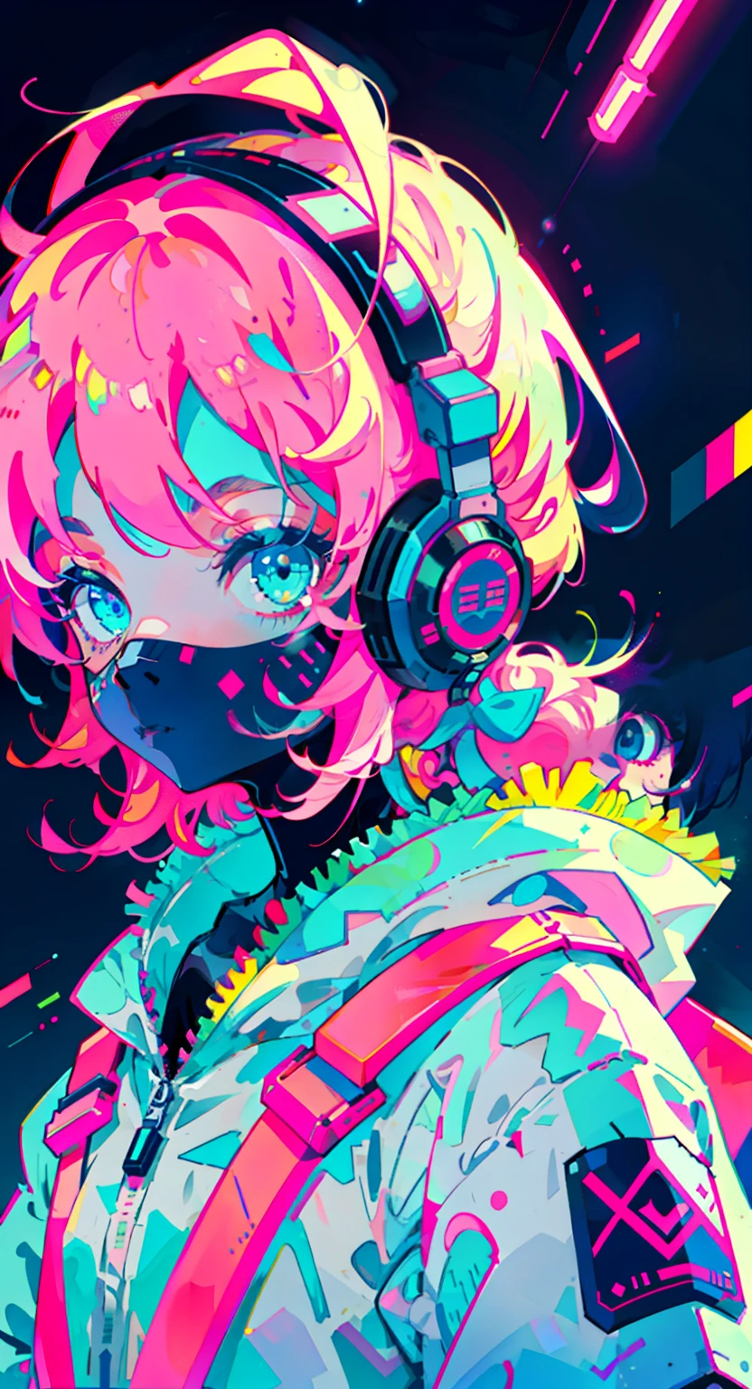 Anime Girl, Wearing an astronaut suit, Neon pink and blue colors, wounds, a sticker, Neon style throughout the shot,Pink mask
