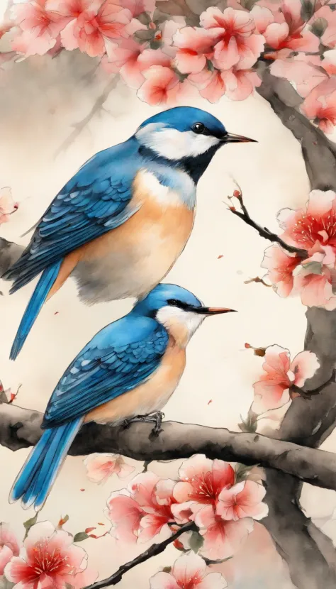 Birds, japan manga style, sketching, Watercolor color.