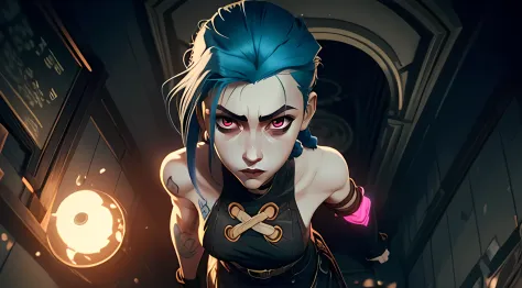 Overhead view, The camera looks at Jinx from above, Like in a computer game, Jinx's character design, Dynamic movements, big boobs, Standing Half-Sideways, stands on the edge of the roof, Fantasy City, City of Piltover, the night, explosions, fire, Smoke, ...