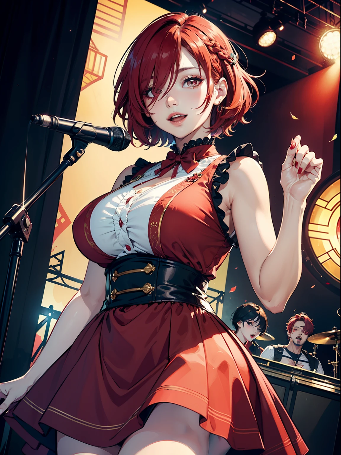 idol, 1girl, ((mature)), big breasts, adult woman, masterpiece, absurd, delicate colors, illustration, bright colors, beautiful, red eye, red hair, ((hair over right eye)), lolita dress, short hair, smile, singing at a concert
