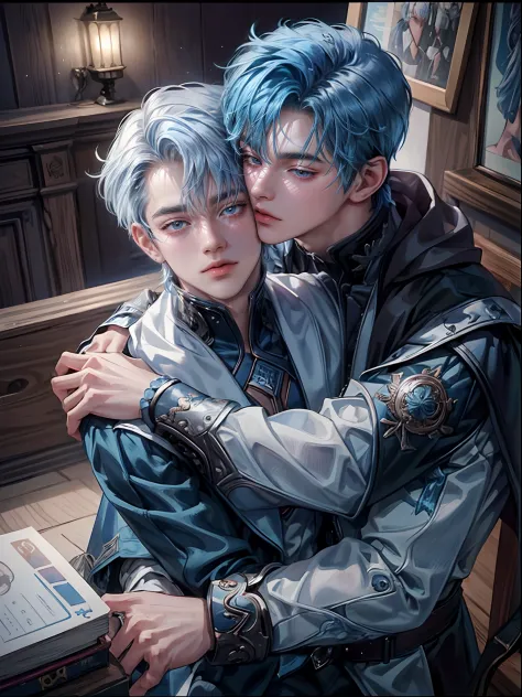 For two、Short-haired man、((Man with white hair and man with blue hair))、((Boys Love))、Male couple、Attractive black British style、Happiness、youthfulness、lovey-dovey、the kiss、Kissing each other、Kiss while hugging、kiss together、R-18、((Yaoi))、Fantastical、Ameri...