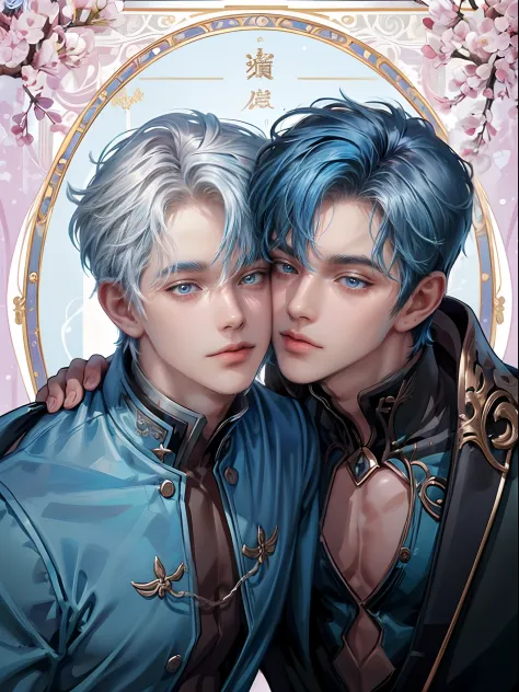 For two、Short-haired man、((Man with white hair and man with blue hair))、((Boys Love))、Male couple、Attractive black British style、Happiness、youthfulness、lovey-dovey、the kiss、Kissing each other、Kiss while hugging、kiss together、R-18、((Yaoi))、Fantastical、Ameri...