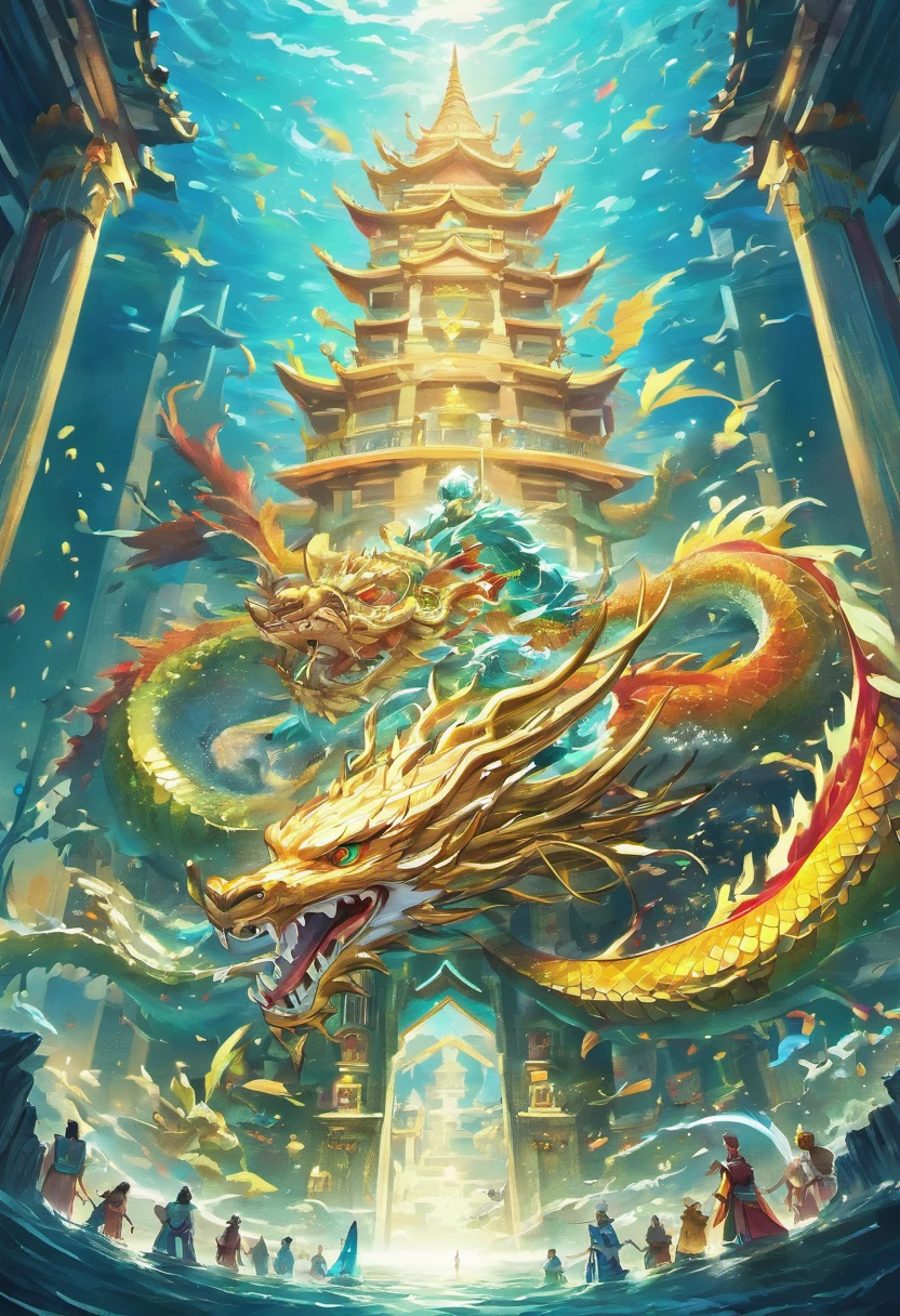 1. Chinese mythology, East Sea Dragon King, Majestic, Powerful, (Ancient deities:1.3), (Serpentine:1.2), (Beard and mustache:0.8), (Whiskers:0.9), (Huge size:1.5), scales, Vibrant colors, Shimmering water, (the reef:1.1), (Golden crown:1.2), (Dragon-shaped throne:1.4), (Flowing robes:1.1), (Dragon-shaped beard ornaments:1.3), (Emerald eyes:1.2), (pearls necklace:1.2), (Golden Trident:1.4), (levitating:1.1), (Sky clouds:1.3), (shimmering dazzling lighting:1.2), (Crashing waves:1.3), (A palace full of treasures:1.5), (Schools of colorful fish:1.2), (an underwater city:1.4), magnifica, Mythical, Magnificent, Extensive and detailed, standing apart, Traditional Chinese architecture.