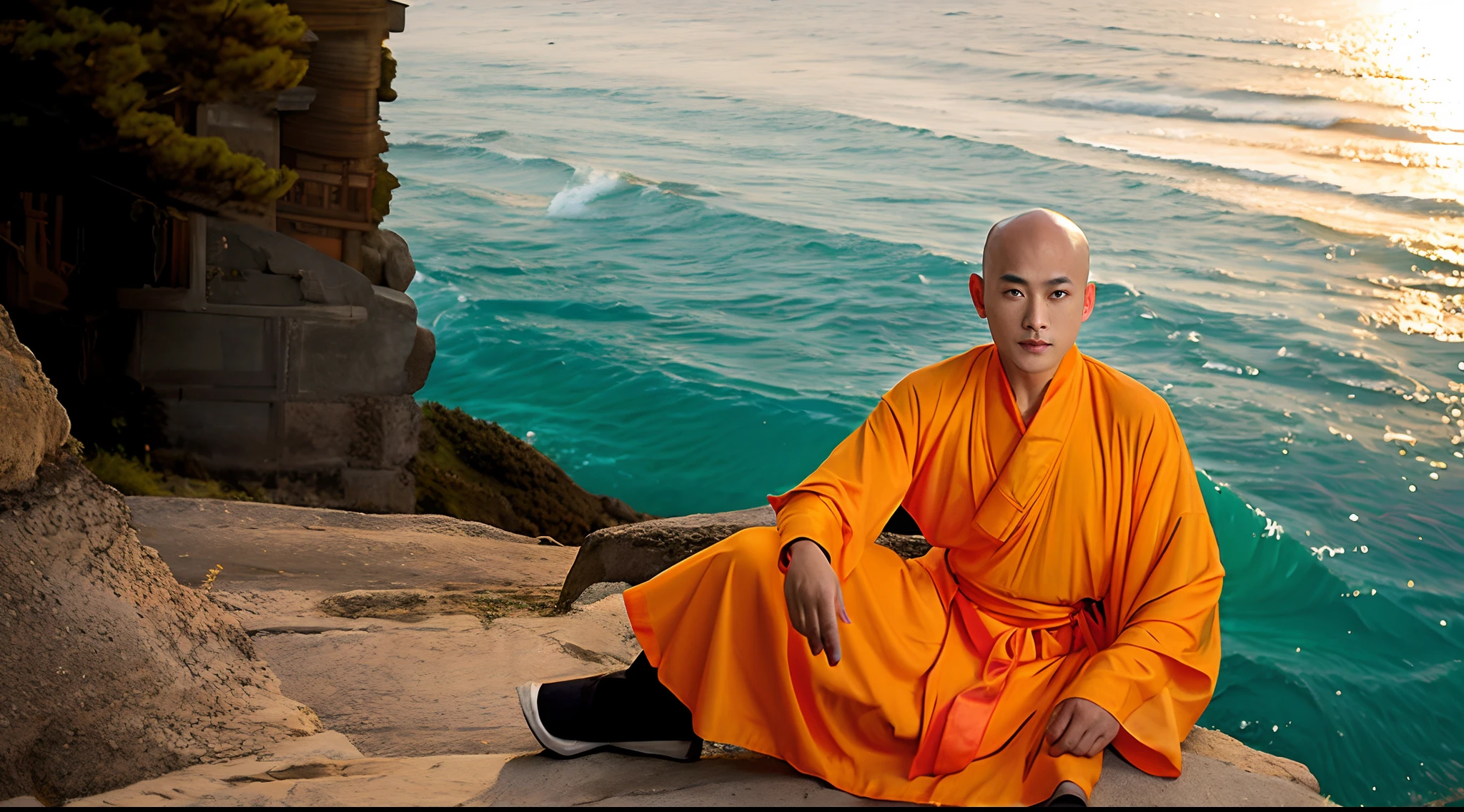 Glatzköpfiger asiatischer Mönch. Er ist 9 und trägt ein orange-gelbes Gewand. Es sitzt am Rand einer Klippe über dem Meer. Sonnenuntergang.