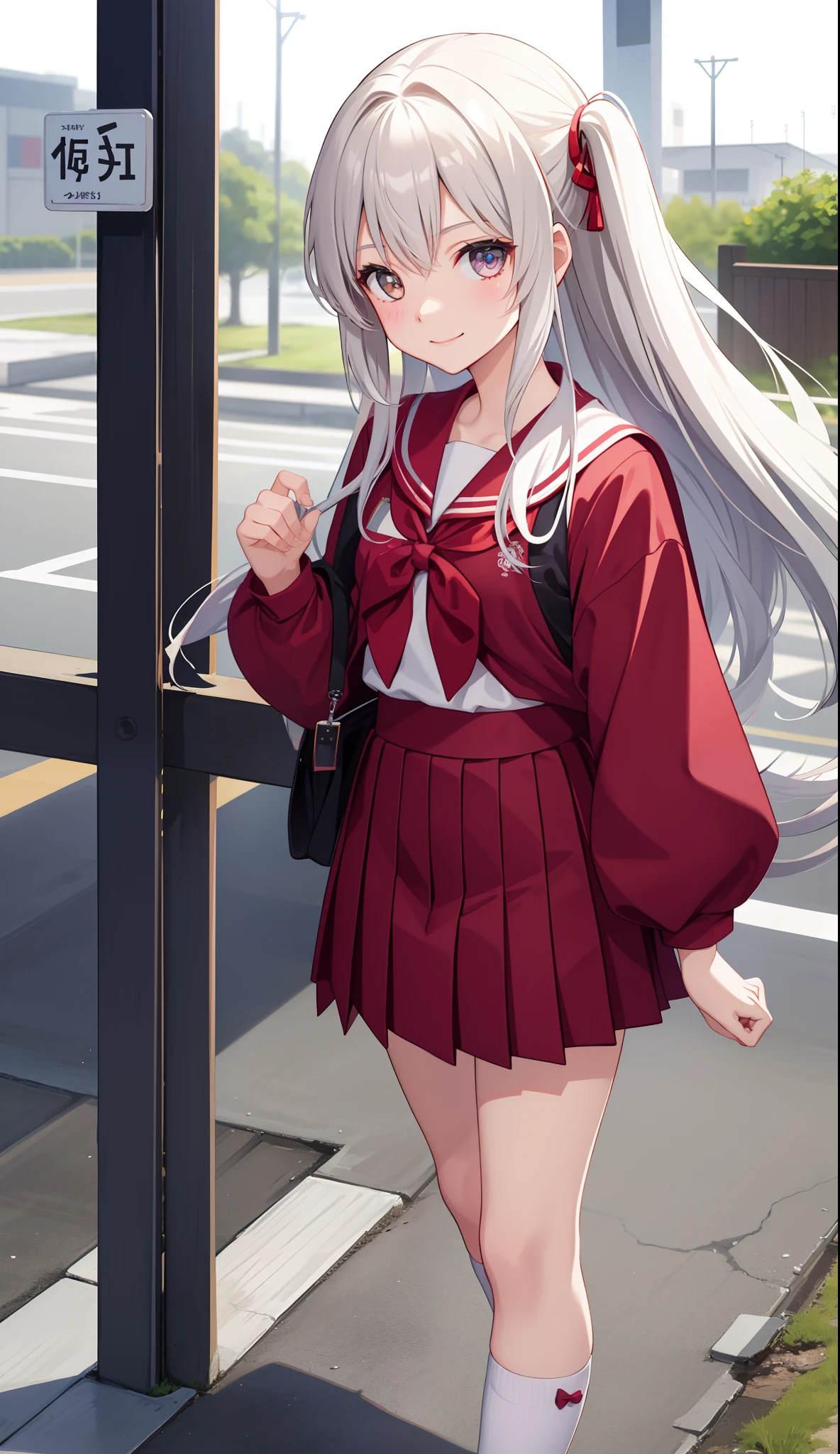 Anime girl in a red school uniform standing in front of a bus stop - SeaArt  AI