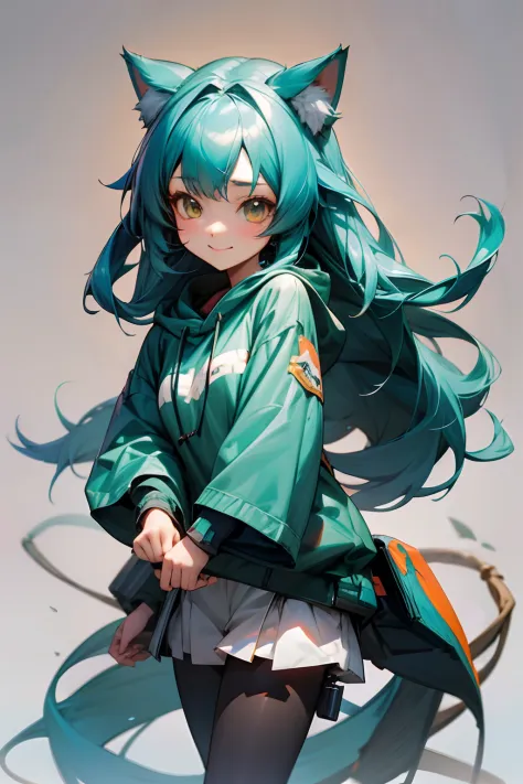 anime chibi girl with teal hair and brown ayes wearing an huge oversize hoodie, happy face, cute, a lovely chibi anime cat girl,...