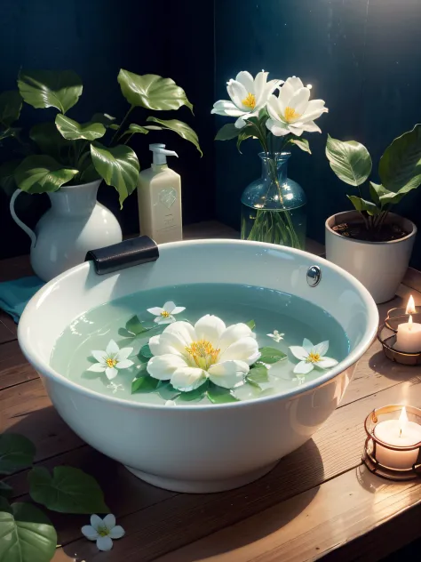 White luxury bath lotion, Bright light blue background, Green plants, White flowers, delicate glow, centered composition, Studio lighting, HD 4K, realistic sense, Inoguchi Ki, commerciaphotography, Super detail