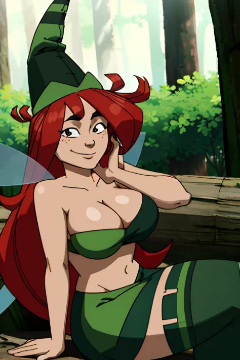 Invincible, masterpiece, best quality, 1girl, long hair, solo,betilla, masterpiece, best quality, solo, 1girl,
fairy
long hair,
green dress,
green hat,
wings, smile, big breasts, curvy, upper body,forest, skirt, tube top, sitting