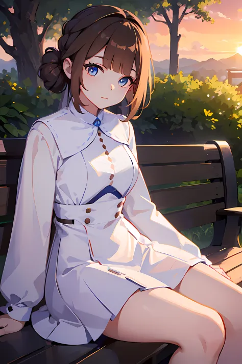 young woman, white dress, sitting on bench, long light brown hair, blue eyes, sunrise