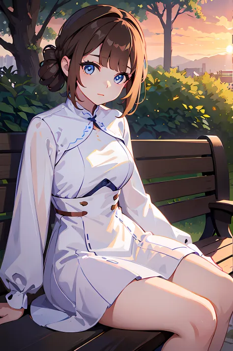 young woman, white dress, sitting on bench, long light brown hair, blue eyes, sunrise