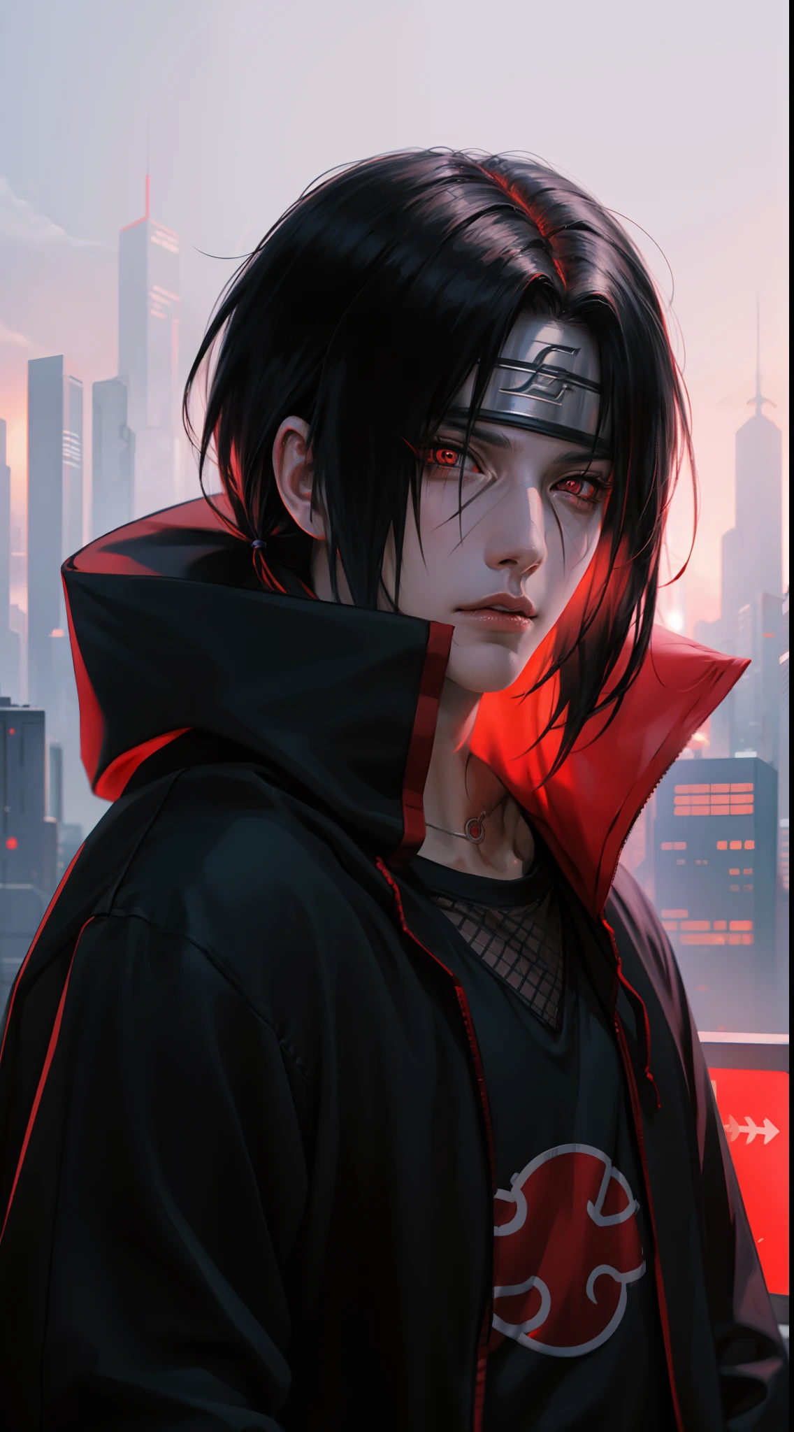 Obra de arte, Uchiha Itachi, estilo ciberpunk, 1 menino, olhos vermelhos, foco masculino, Sozinho, fundo simples, tronco, olhando para o espectador, moda urbana , Moletom Cyberpunk, altamente detalhado, iluminação dinâmica