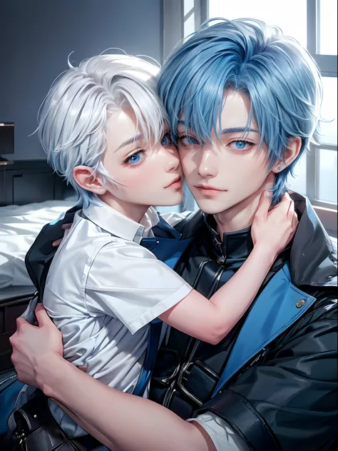For two、Short-haired man、((Man with white hair and man with blue hair))、((Boys Love))、Male couple、White Y-shirt、Clothes are fluttering、Happiness、youthfulness、lovey-dovey、the kiss、Kissing each other、Kiss while hugging、kiss together、R-18、((Yaoi))、Fantastical...