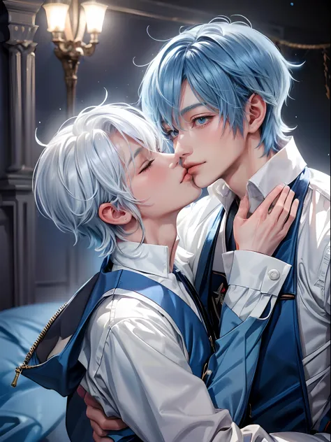 For two、Short-haired man、((Man with white hair and man with blue hair))、((Boys Love))、Male couple、White Y-shirt、Clothes are fluttering、Happiness、youthfulness、lovey-dovey、the kiss、Kissing each other、Kiss while hugging、kiss together、R-18、((Yaoi))、Fantastical...