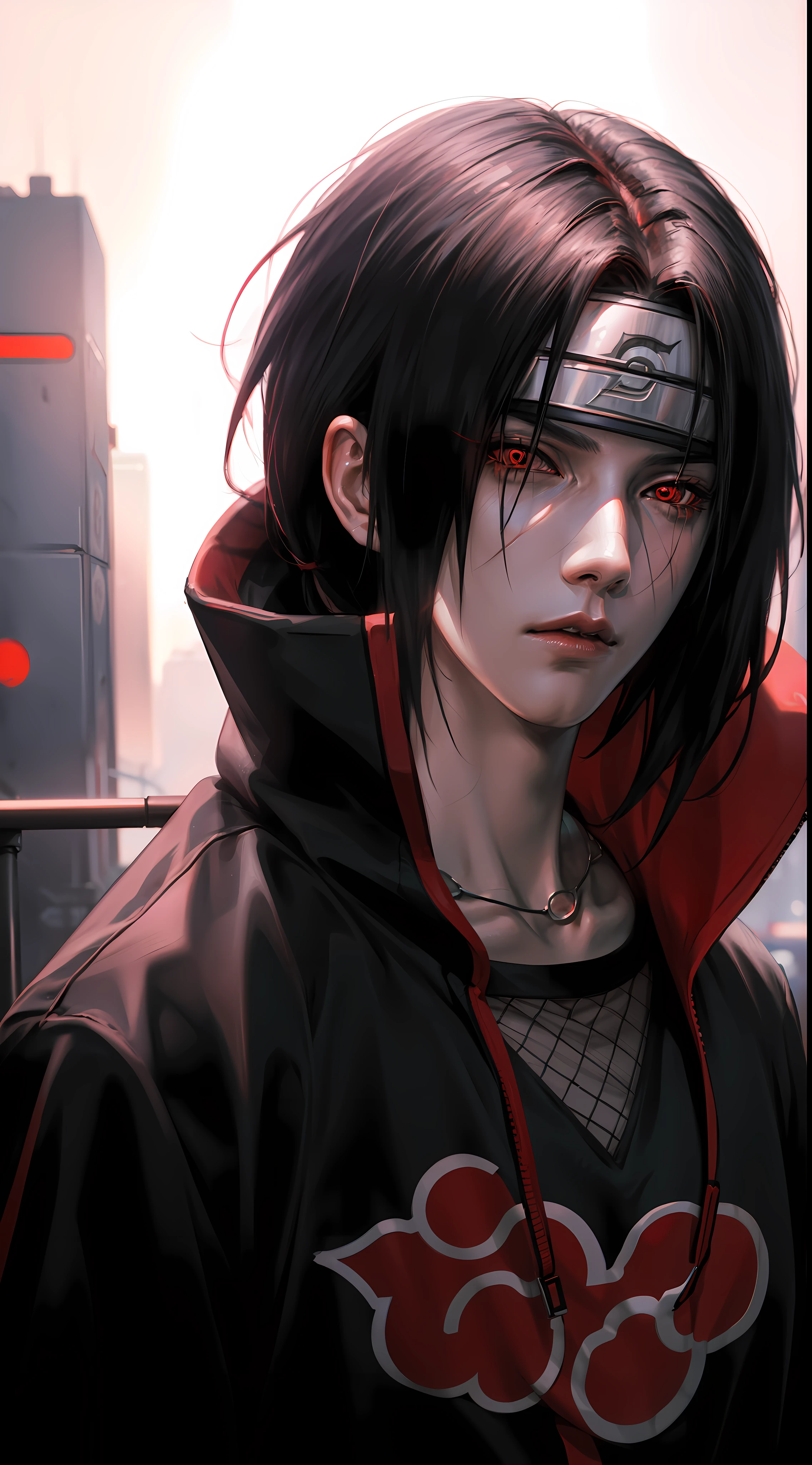 Meisterwerk, Uchiha Itachi, cyberpunk style, 1 Junge, rote Augen, männlicher Fokus, Allein, einfacher Hintergrund, Oberkörper, Betrachter betrachten, Urbane Streetwear , cyberpunk Hoodie, Hochdetailliert, dynamische Beleuchtung