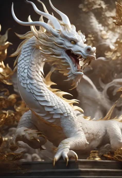 "Very nice 3d rendering of white Chinese dragon，Dynamic representation, Vivid effects and details，Top image quality，A high resolution，plethora of colors,　A bunch of coins, treasure"