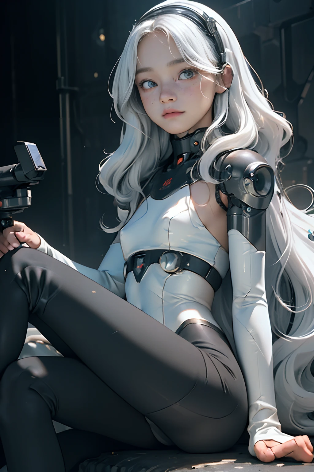 (best quality, masterpiece1.2), (detailed eye:1.2), intricate detail, (depth of field:1.3), 20 years old girl, cyborg, science fiction, post-apocalypse, dark mood, long hair, freckles, looking at viewer, headgear, white hair, wavy hair, sitting,