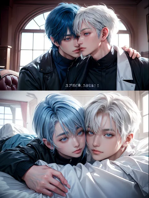 For two、Short-haired man、((Man with white hair and man with blue hair))、((Boys Love))、Male couple、White Y-shirt、Sexy figure with clothes fluttering、Happiness、youthfulness、lovey-dovey、the kiss、Kissing each other、Kiss while hugging、kiss together、R-18、((Yaoi)...