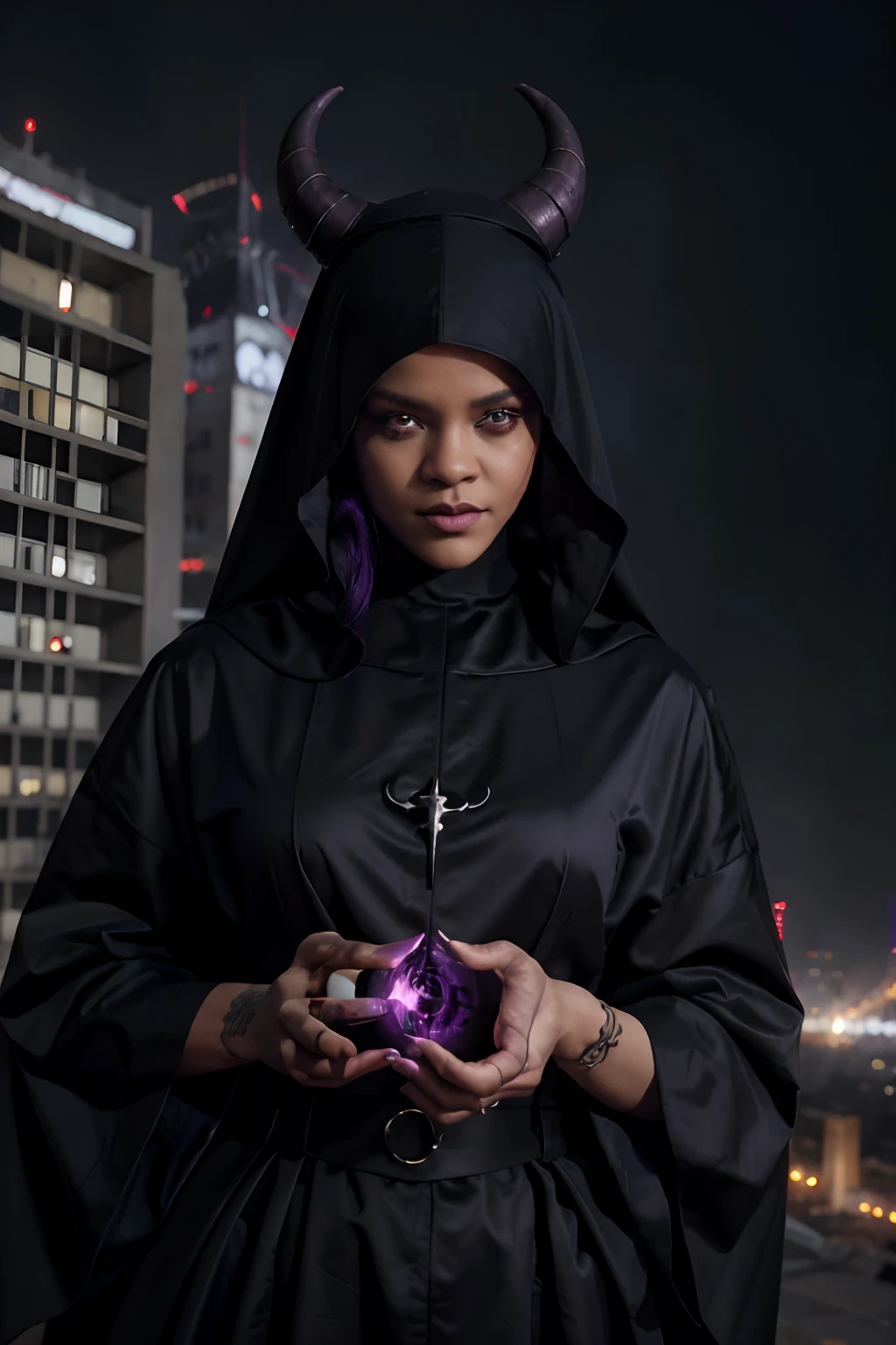 Witch holding a purple ball in her hands in front of a city skyline -  SeaArt AI