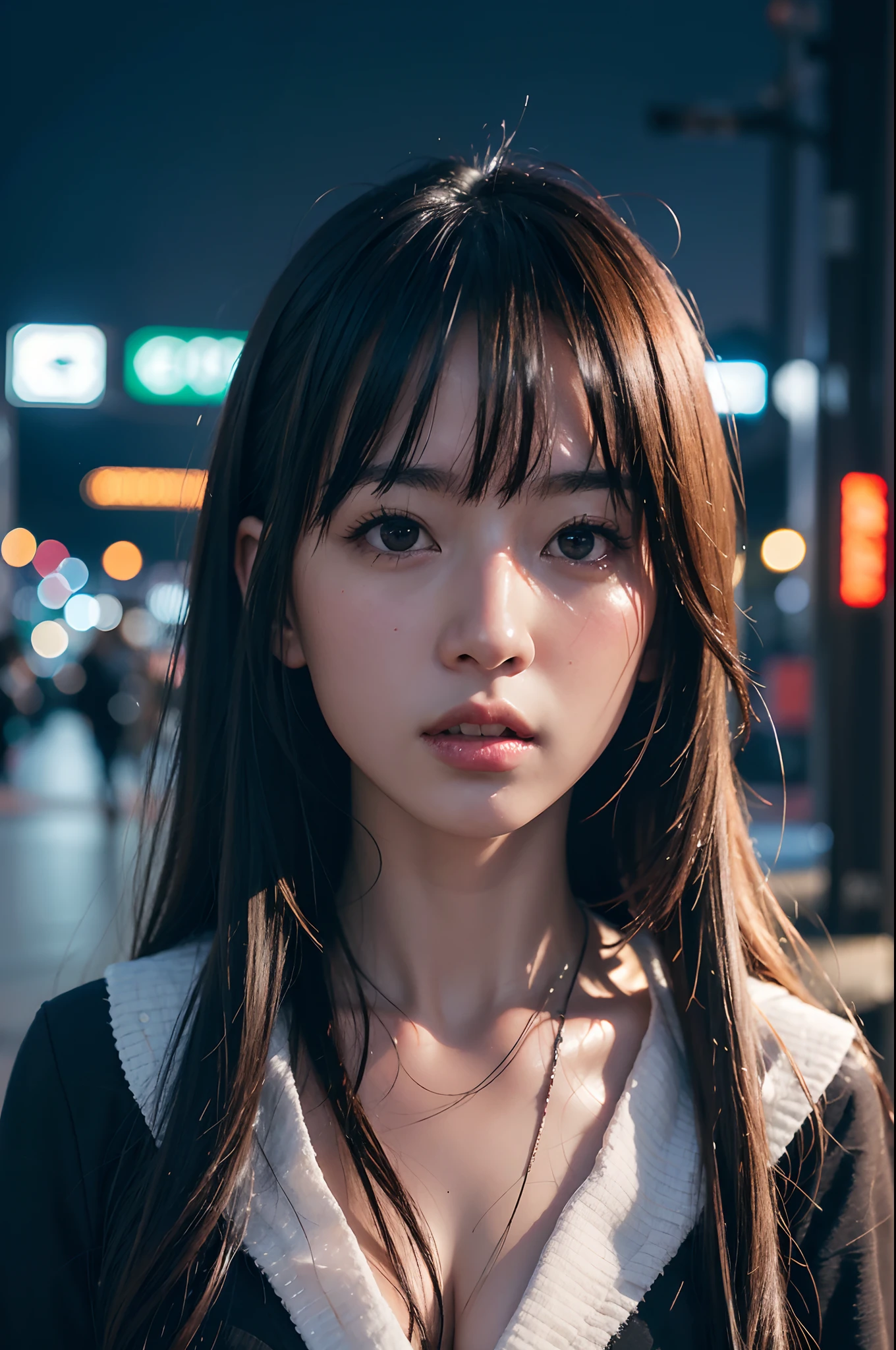 1girl, Tokyo street,night, cityscape,city lights, upper body,close-up, 8k, RAW photo, best quality, masterpiece,realistic, photo-realistic,