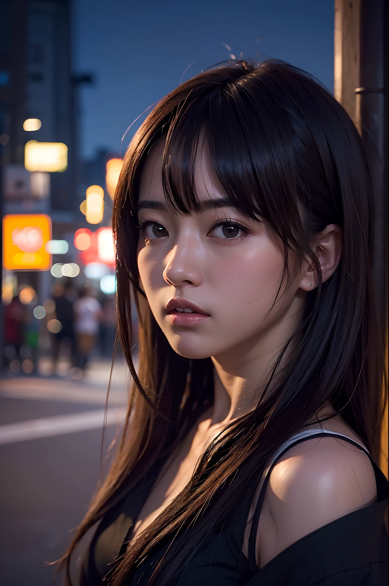 1girl, Tokyo street,night, cityscape,city lights, upper body,close-up, 8k, RAW photo, best quality, masterpiece,realistic, photo-realistic,