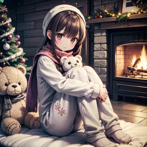 cozy image of a girl, with a nice appearance, wearing snowflake print pajamas. she sits in front of the fireplace, hugging a ted...