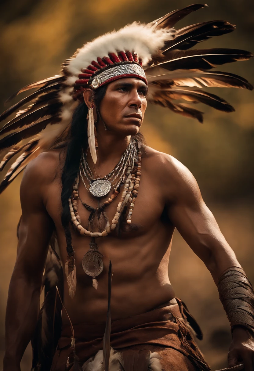 Hyperrealistic cinematic image of a native Indian with feathers on his ...