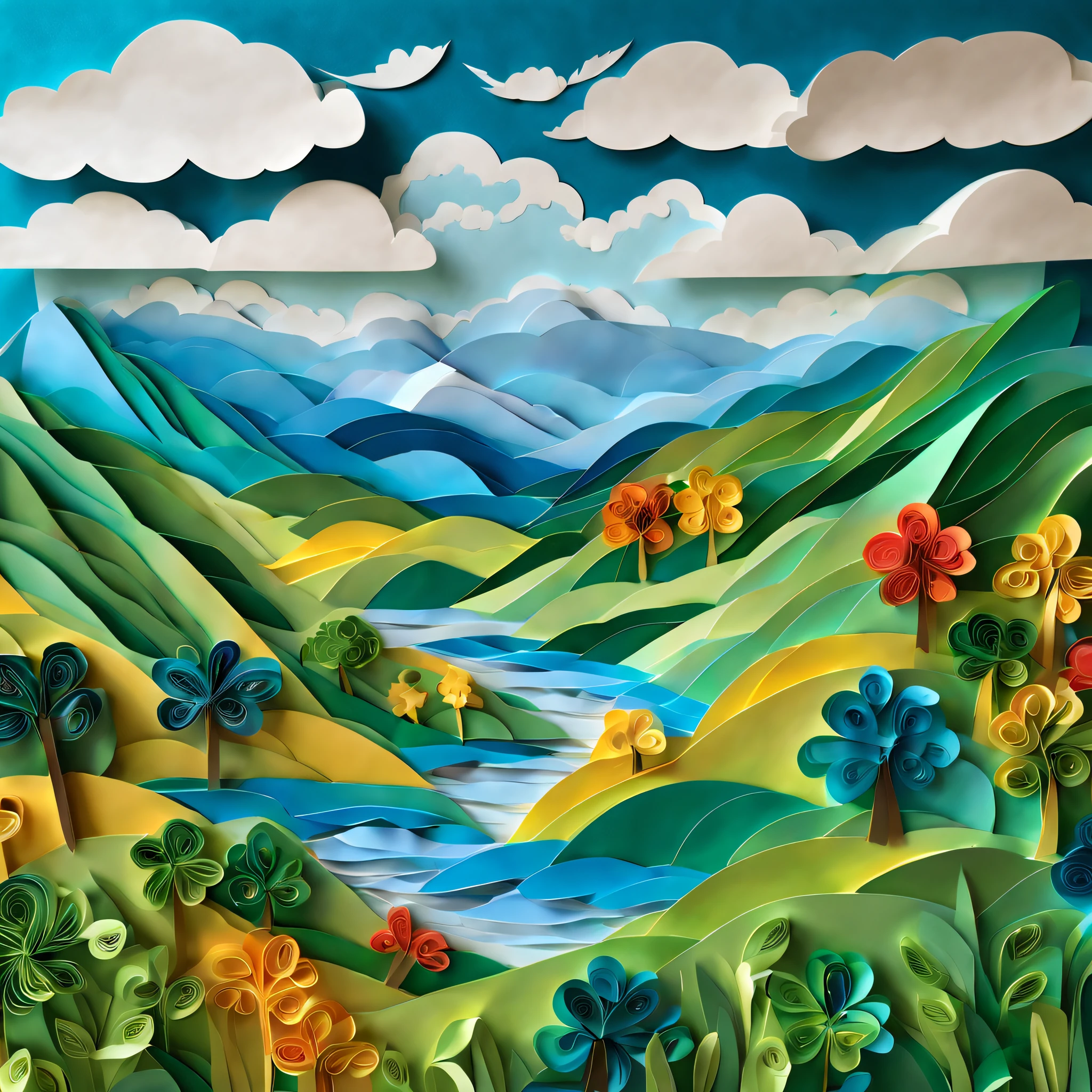A masterpiece of paper art with a beautiful view of the blue sky, Lots of farmland, Lush green mountains and water in the background，White clouds. The highest standard of image quality, Has a detailed paper texture and a clear focus. Paper art is carefully crafted, The result is a realistic and vivid depiction. vibrant with colors, Blend in harmony with the blues, green color, And whites. The lighting enhances the beauty of the landscape, Soft sunlight illuminates the landscape. This artwork reflects the artistry of paper-cutting,