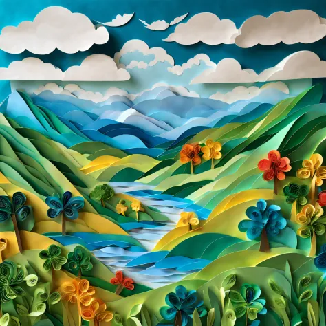 A masterpiece of paper art with a beautiful view of the blue sky, Lots of farmland, Lush green mountains and water in the backgr...