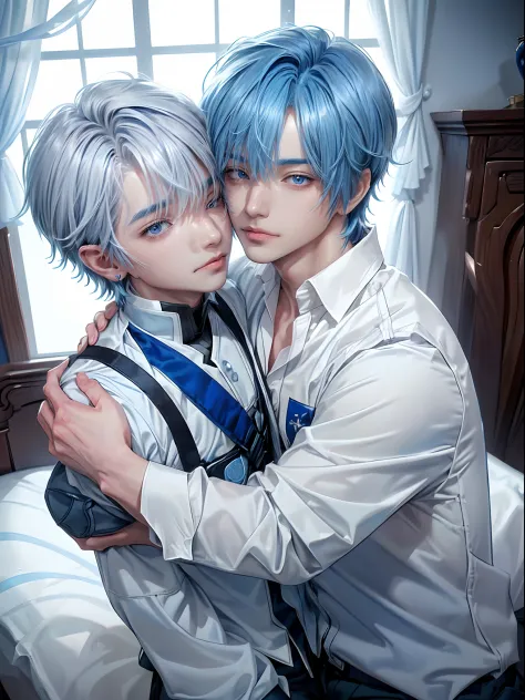 For two、Short-haired man、((Man with white hair and man with blue hair))、((Boys Love))、Man with neutral face with gray hair))、((Man with blue hair with wild face))、Male couple、White Y-shirt、Sexy figure with clothes fluttering、Happiness、youthfulness、lovey-do...
