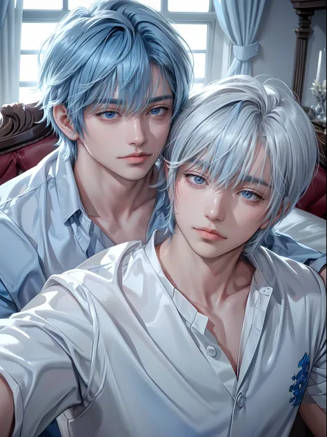 For two、Short-haired man、((Man with white hair and man with blue hair))、((Boys Love))、Man with neutral face with gray hair))、((Man with blue hair with wild face))、Male couple、White Y-shirt、Sexy figure with clothes fluttering、Happiness、youthfulness、lovey-do...