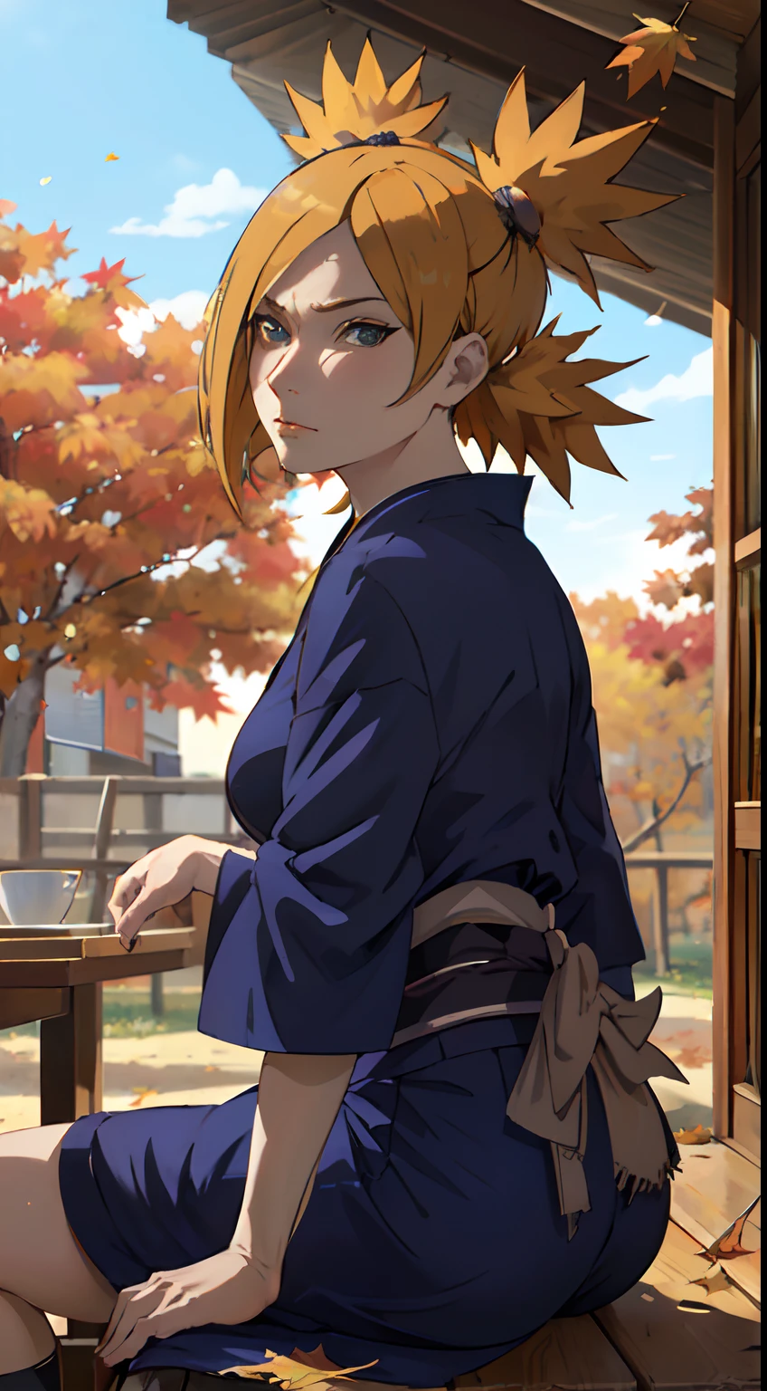 Masterpiece, absurderes , (Intricate details), (Colorful),Cinematic lighting,Bust Up Shot,Extremely detailed Cg Unity 8K wallpaper,Temari\(Boruto\), 1girll, Mature female,blue kimono,  Sitting, Outdoors, (Falling leaves:1.3), Autumn leaves, (Autumn), Sunlight, Maple tree, parted lip,Wind,  view the viewer, Temari\(Boruto\)