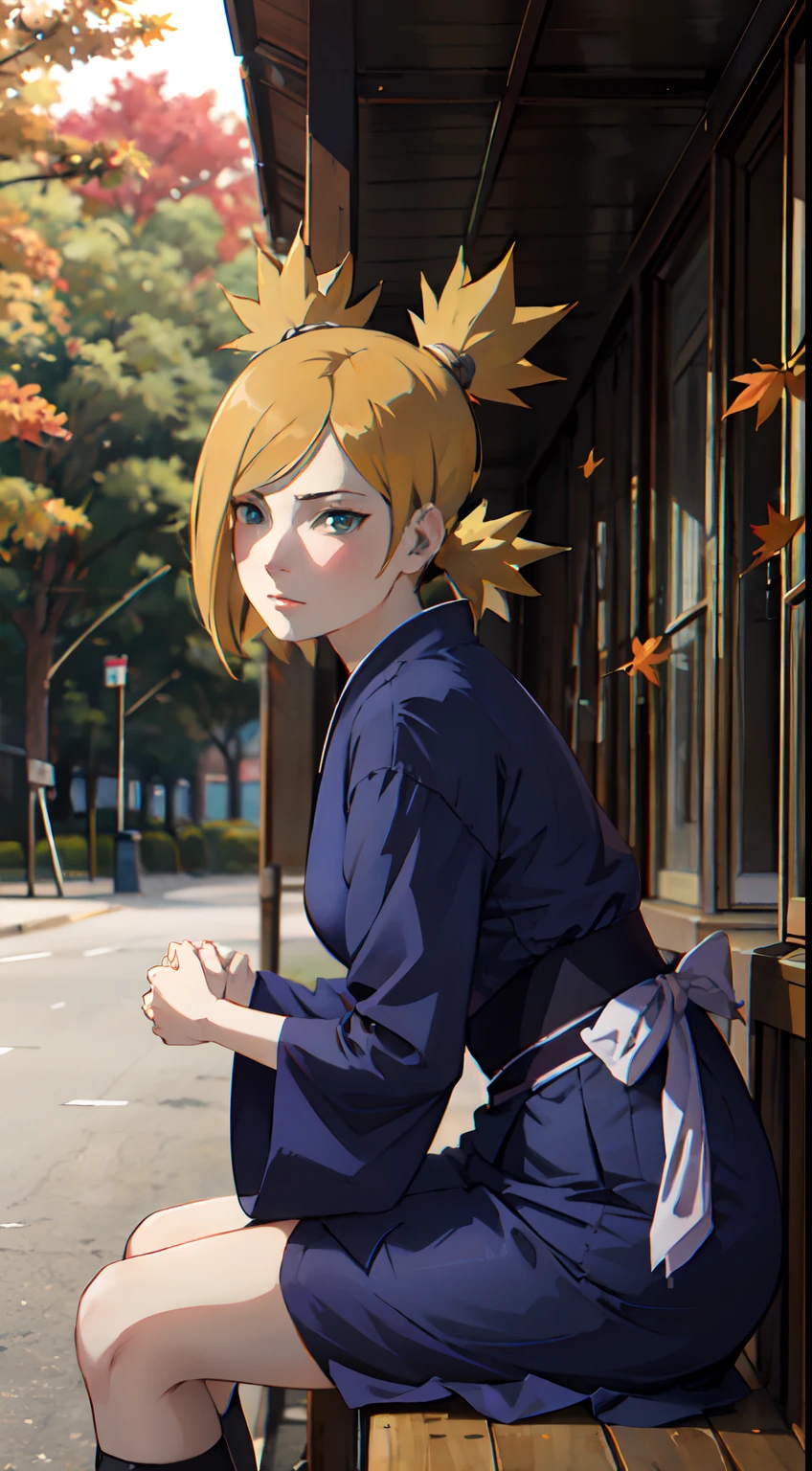 Masterpiece, absurderes , (Intricate details), (Colorful),Cinematic lighting,Bust Up Shot,Extremely detailed Cg Unity 8K wallpaper,Temari\(Boruto\), 1girll, Mature female,blue kimono, Sitting, Outdoors, (Falling leaves:1.3), Autumn leaves, (Autumn), Sunlight, Maple tree, parted lip,Wind, view the viewer, Temari\(Boruto\)，stooped，Hold your hands on the wall，Very sexy pose