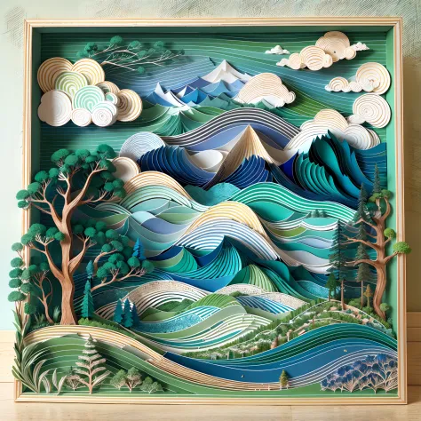A beautiful photo frame（with blue sky and white clouds，Green Mountains and Green Water，terraced），（（arte em papel cortado，layered...