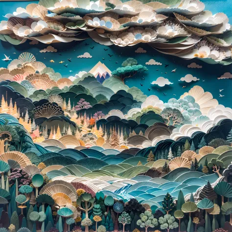a beautiful painting，made of paper。（with blue sky and white clouds，Green Mountains and Green Water，terraced），（（arte em papel cor...
