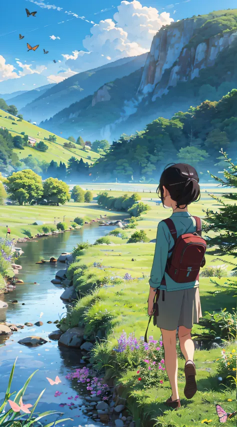 Two children looking at the distant landscape, green mountains, clear blue sky, flocks of birds flying in the sky, butterflies around, small rivers around, grass, flowers on the ground, cartoon style, warm colors