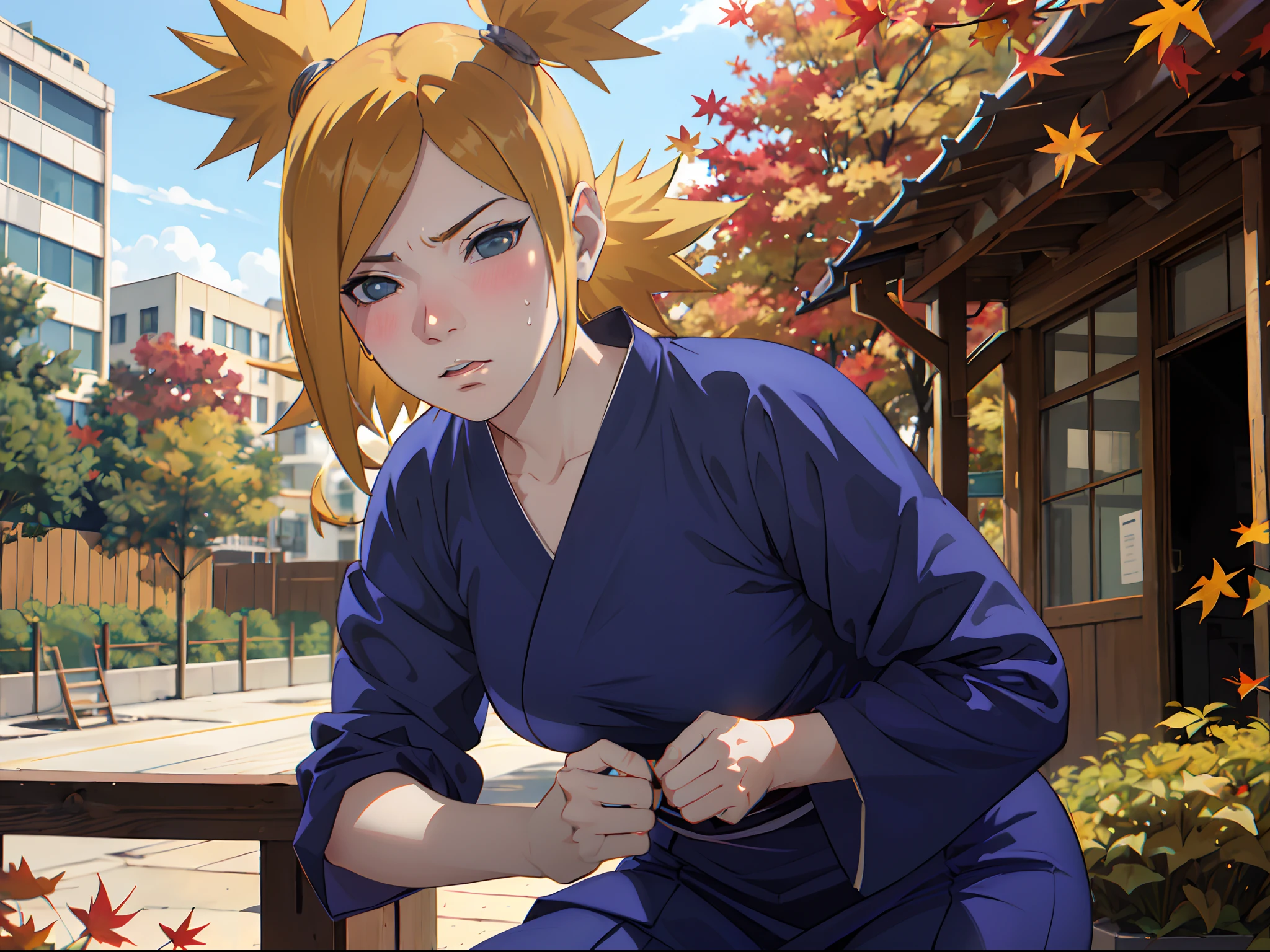 Masterpiece, absurderes , (Intricate details), (Colorful),Cinematic lighting,Bust Up Shot,Extremely detailed Cg Unity 8K wallpaper,Temari\(Boruto\), 1girll, Mature female,blue kimono, Sitting, Outdoors, (Falling leaves:1.3), Autumn leaves, (Autumn), Sunlight, Maple tree, parted lip,Wind, view the viewer, Temari\(Boruto\)，（perspire，Sweat a lot，Blushlush，Be red in the face，I had a lot of sweat on my face，Blushlush），（stooped，Buttress，Enchanting pose，A sexy pose）