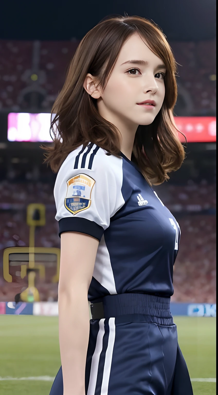 (A hyper-realistic), (hight resolution), (8K), (ighly detailed),  (beatiful detailed eyes), (top-quality), (ultra-detailliert), (​masterpiece), (A detailed face), softfocus、face of emma watson、Colossal tits、japanes、Football Stadium Background、Wearing a football uniform、Combing hair、A smile