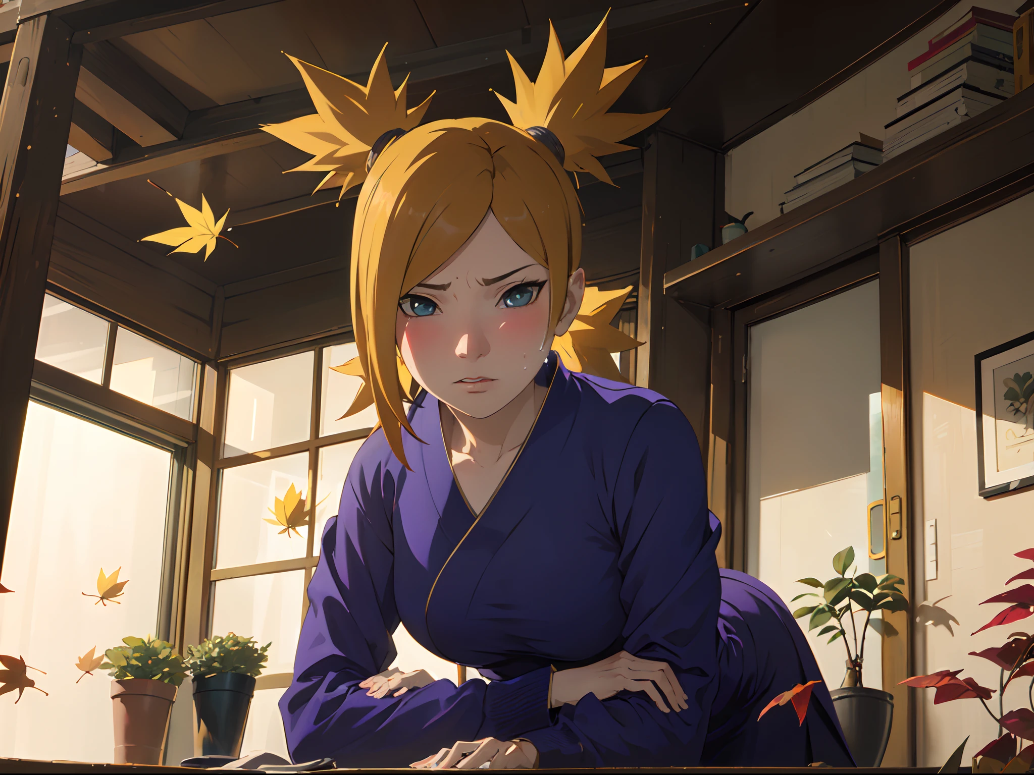 Masterpiece, absurderes , (Intricate details), (Colorful),Cinematic lighting,Bust Up Shot,Extremely detailed Cg Unity 8K wallpaper,Temari\(Boruto\), 1girll, Mature female,blue kimono, Sitting, Outdoors, (Falling leaves:1.3), Autumn leaves, (Autumn), Sunlight, Maple tree, parted lip,Wind, view the viewer, Temari\(Boruto\)，（perspire，Sweat a lot，Blushlush，Be red in the face，I had a lot of sweat on my face，Blushlush），（stooped，Buttress，Enchanting pose，A sexy pose）