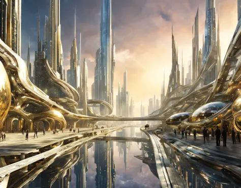 on an unknown planet lies a futuristic fantasy city with immense buildings of technological design (que forman una avenida infin...