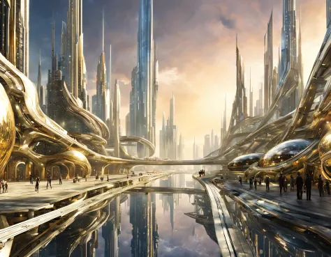 on an unknown planet lies a futuristic fantasy city with immense buildings of technological design (que forman una avenida infin...