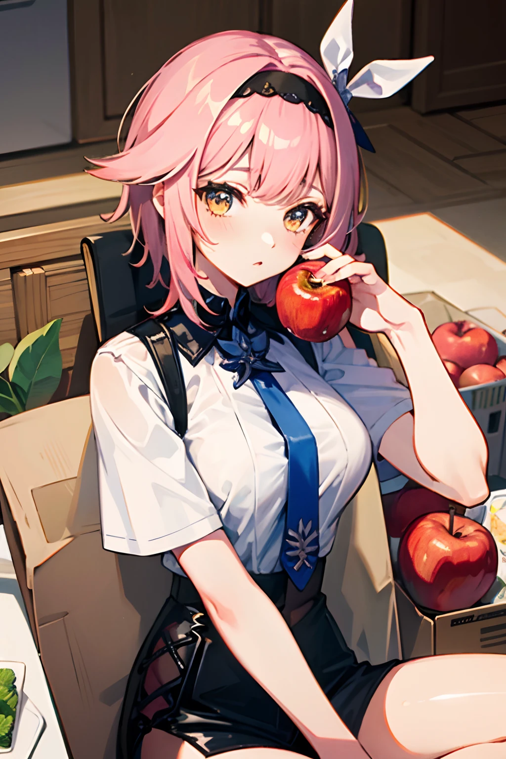 짧고 분홍색 머리를 가진 소녀는 멋진 옷을 입고 집에서 사과를 먹습니다