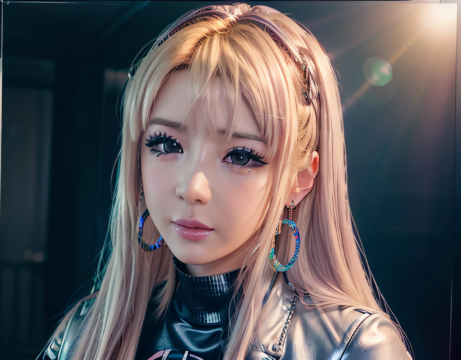 a photo of a woman , (park bom:1.3) , a closeup of woman face , , (rendered in octane:1.1) , (rendered in unreal engine:1.1) , (realistic photography:1.4), (ultra-realistic:1.0), (detailed eyes:1.1), (photorealistic:1.1), (realistic:1.1), (real life:1.1), (photograph:1.1),, happy, soft lighting , face closeup , , masterpiece , sharp focus , cinematic lighting , rim lighting , glossy skin , shiny skin , (park_bom:1.2), soft lighting , surprised , smiling , confused , ring fill flash , vibrant colors , refraction , prism , rainbow , lensflare , face focus , looking at viewer , mascara , squinting eyes , sparkling eyes , pov face closeup , fisheye lens , kpop idol , punk , leather jacket , graffiti , colorful shirt , blue eyeshadow , punk rocker , hoop earrings , choker , pastel blue long hair, detailed hair, detailed background, detailed face, coherent details, natural details, natural park bom, medium chin, Very Detailed Park Bom, Long Pastel Blue Hair, super detailed, lots of details in the hair, lots of details in the clothes, lots of details in the across the entire image, detailed face, detailed hair, seriously, coherent details across all prompts, natural and realistic details, details on the scene, Sharp lines, no blur, no pixelation, high quality, highres, 4k, flying hair, very detailed background. very detailed face, very detailed clothes, very detailed night sky, real Park Bom, realistic Park Bom, natural Park Bom