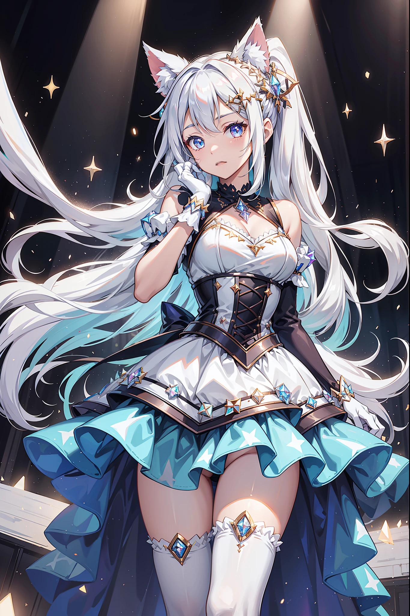 Teenage girl with cat ears，cheerfulness，(Enchanted:0.2)，best qualityer，tmasterpiece，Ultimate resolution，downy，Colorful，Complete body，White hair with double ponytail，Jewel-like eyes，Lolita dress dominated by black，(exquisite costumes)，idol clothes， white stockings，long leges，Muffin shoes，Embroidery，(rainbow bubbles:0.3)，Diamond，crystal，Broken diamonds，（glittery:0.5），(Shine:0.3)，be on stage