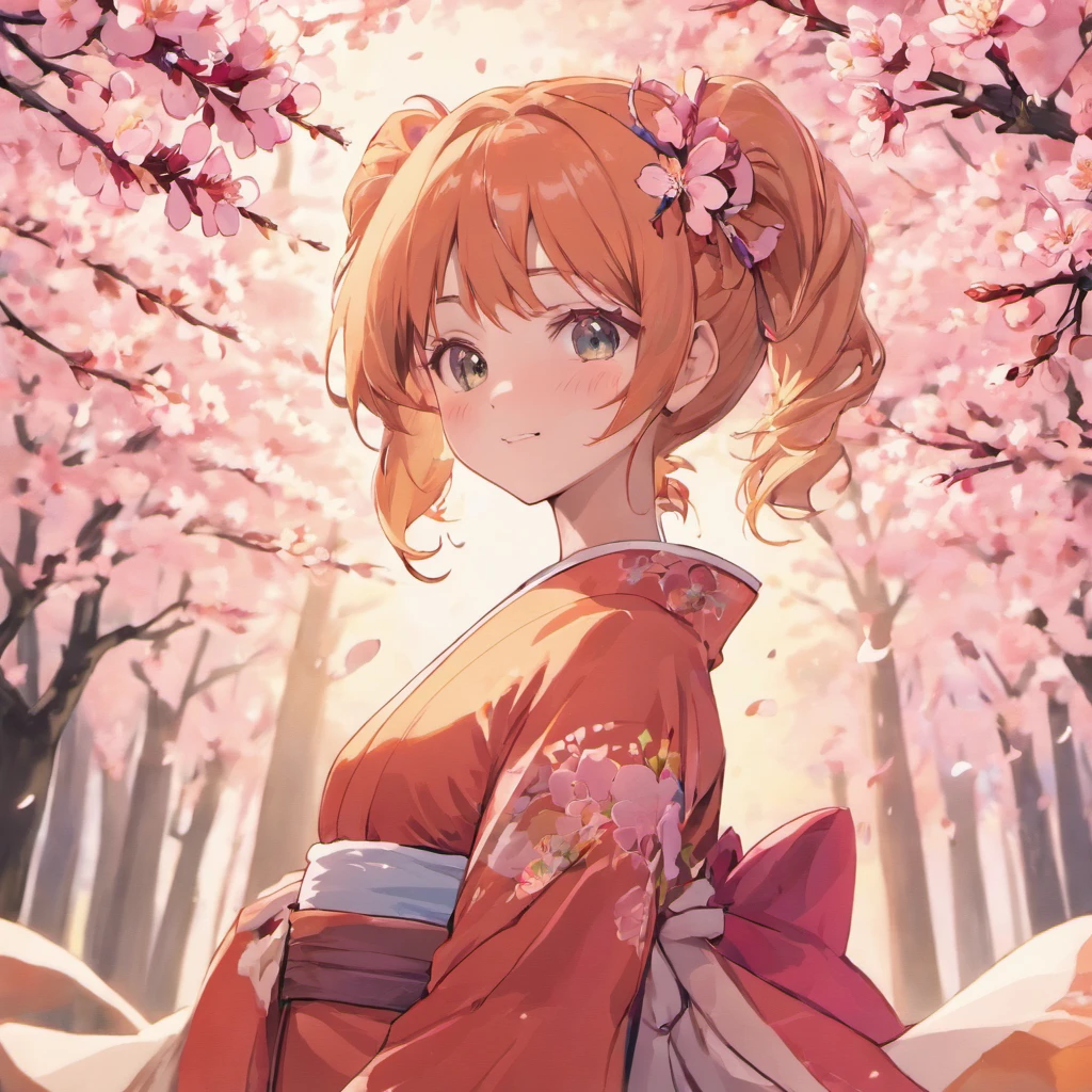 Девушка аниме в кимоно стоит перед вишнёвым деревом - SeaArt AI