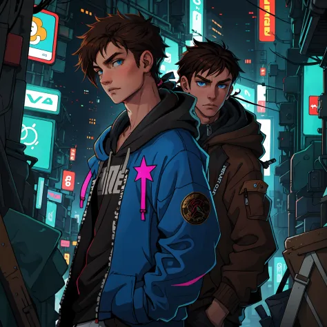 Anime boy,  Brown hair reaching to neck, hair tie at front, jacket, hoodie, blue eyes, cyberpunk