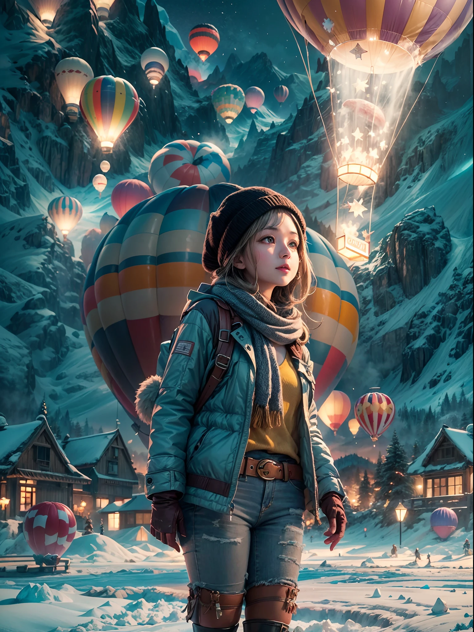 熱気球に乗って雪山の氷河で冬休みの旅行を楽しむ女の子, 熱気球で空を飛ぶ, 非常に詳細なコンセプトアート, 24K UHD夜景, フルHD解像度, 雪の結晶, Octaneによるレンダリング, アンリアル エンジン 5 エフェクト, 非常に詳細な, 傑作コレクション, 最高品質