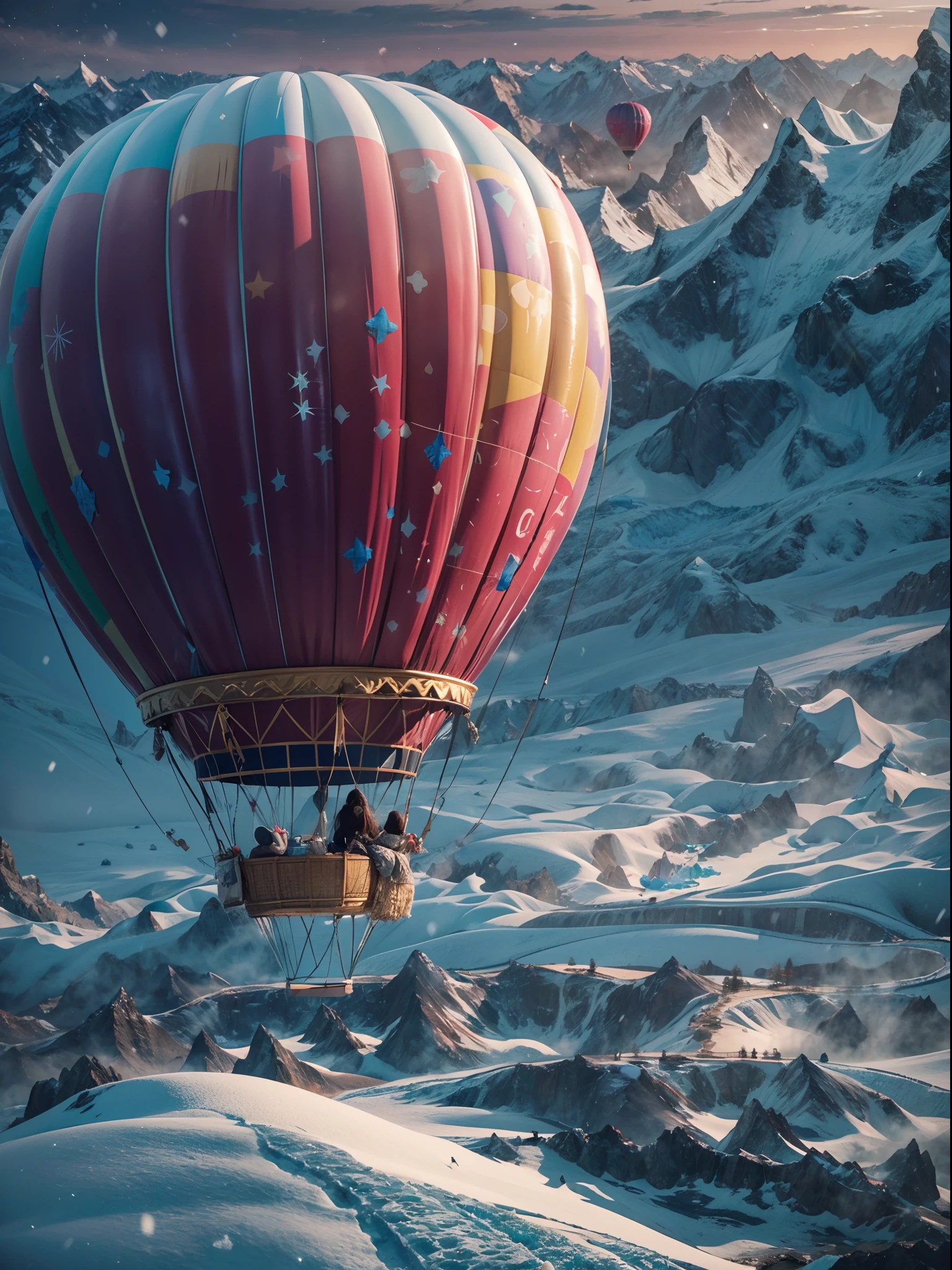 熱気球に乗って雪山の氷河で冬休みの旅行を楽しむ女の子, 熱気球で空を飛ぶ, 非常に詳細なコンセプトアート, 24K UHD夜景, フルHD解像度, 雪の結晶, Octaneによるレンダリング, アンリアル エンジン 5 エフェクト, 非常に詳細な, 傑作コレクション, 最高品質